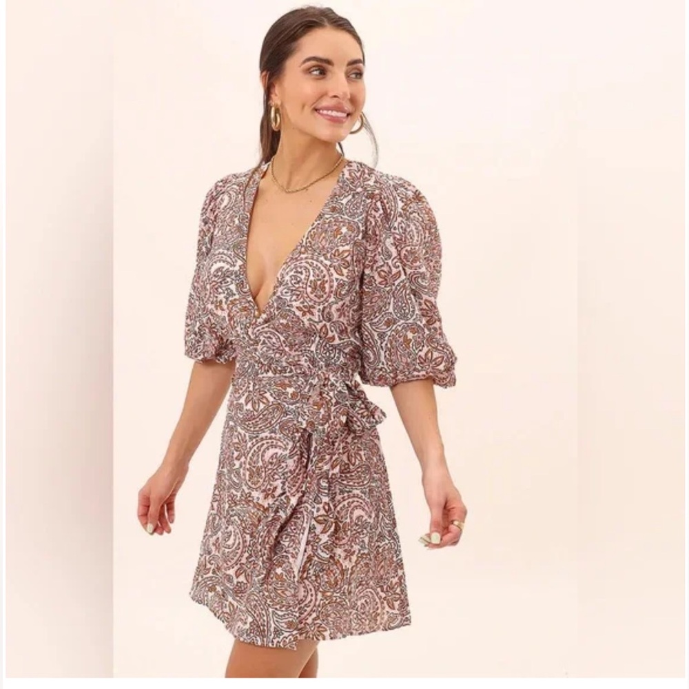 Minkpink Paisley puff sleeve wrap mini dress